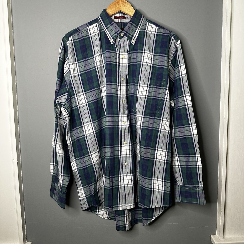 Chaps Ralph Lauren Mens Large Plaid Button Down Shirt Navy Green White USA Made